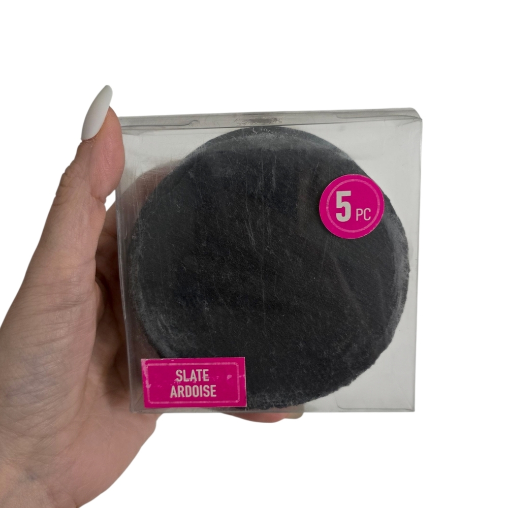 Set of 5 Jagged Slate Coasters Charcoal Gray Black Round Barware Home Essentials